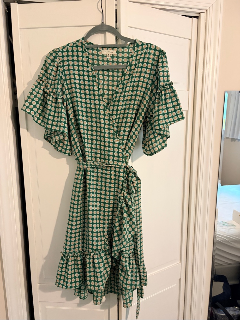 Max Studio Green Polka Dot Wrap Dress with Ruffle Details